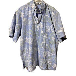Go Barefoot Blue Hawaiian Button Down Short Sleeve Shirt Size XXL